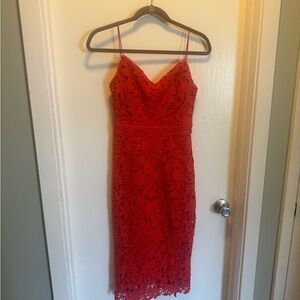 Red dress with floral lace overlay